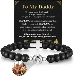 MEALGUET Customized Bracelets with Picture Inside for Men, Black Agate Beads Cross Projection Bracelet Personalized Photo Jewelry, Memorial Gifts for Loved One,Birthday Father Day