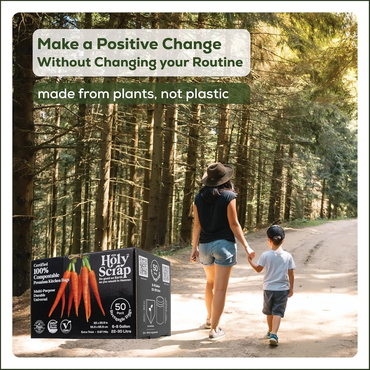 Medium Compostable Trash Bags - 6-8 Gallon, 50 Pack | Odorless, Plastic-Free & Decomposing Kitchen, Bathroom & Countertop Garbage Bags & Liners | Thick Bin Bags for Green & Food Waste