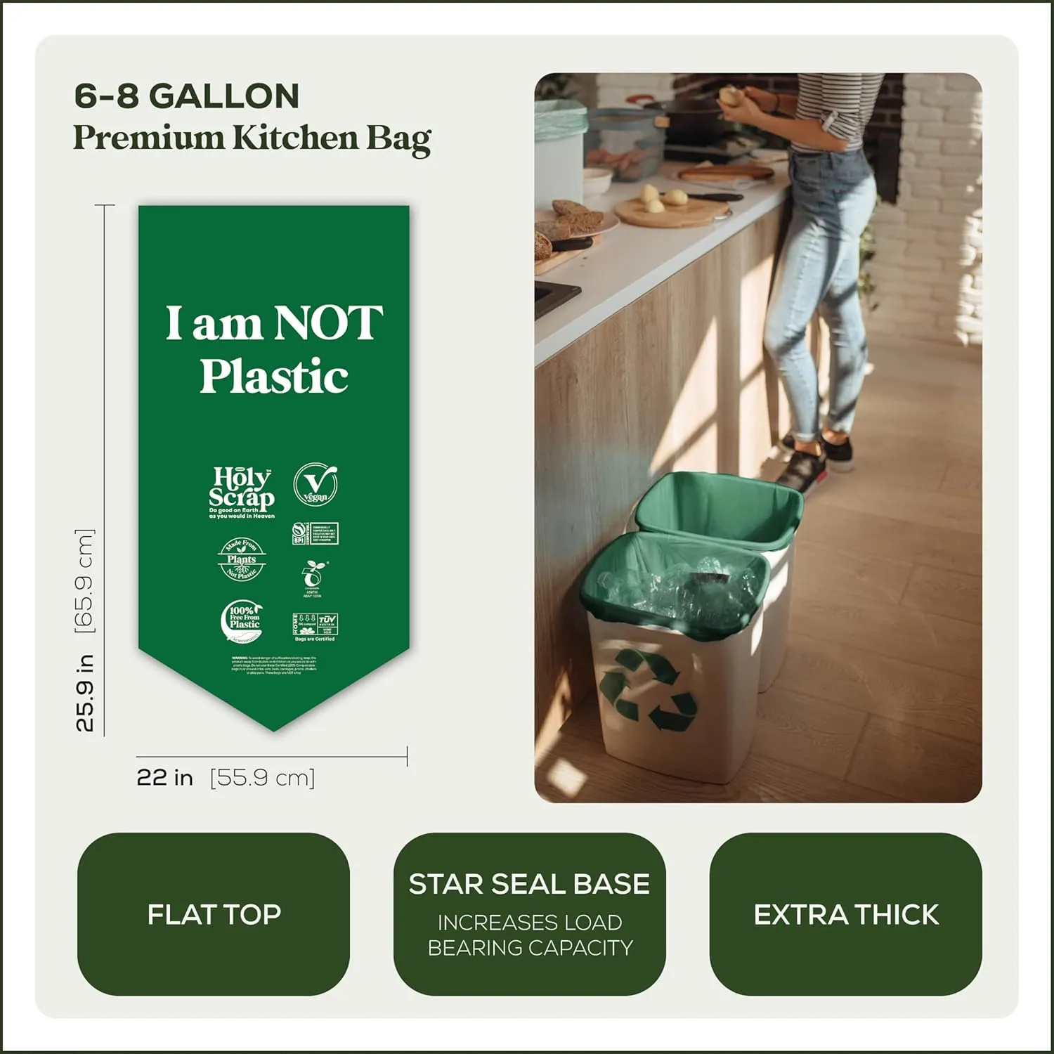 Medium Compostable Trash Bags - 6-8 Gallon, 50 Pack | Odorless, Plastic-Free & Decomposing Kitchen, Bathroom & Countertop Garbage Bags & Liners | Thick Bin Bags for Green & Food Waste
