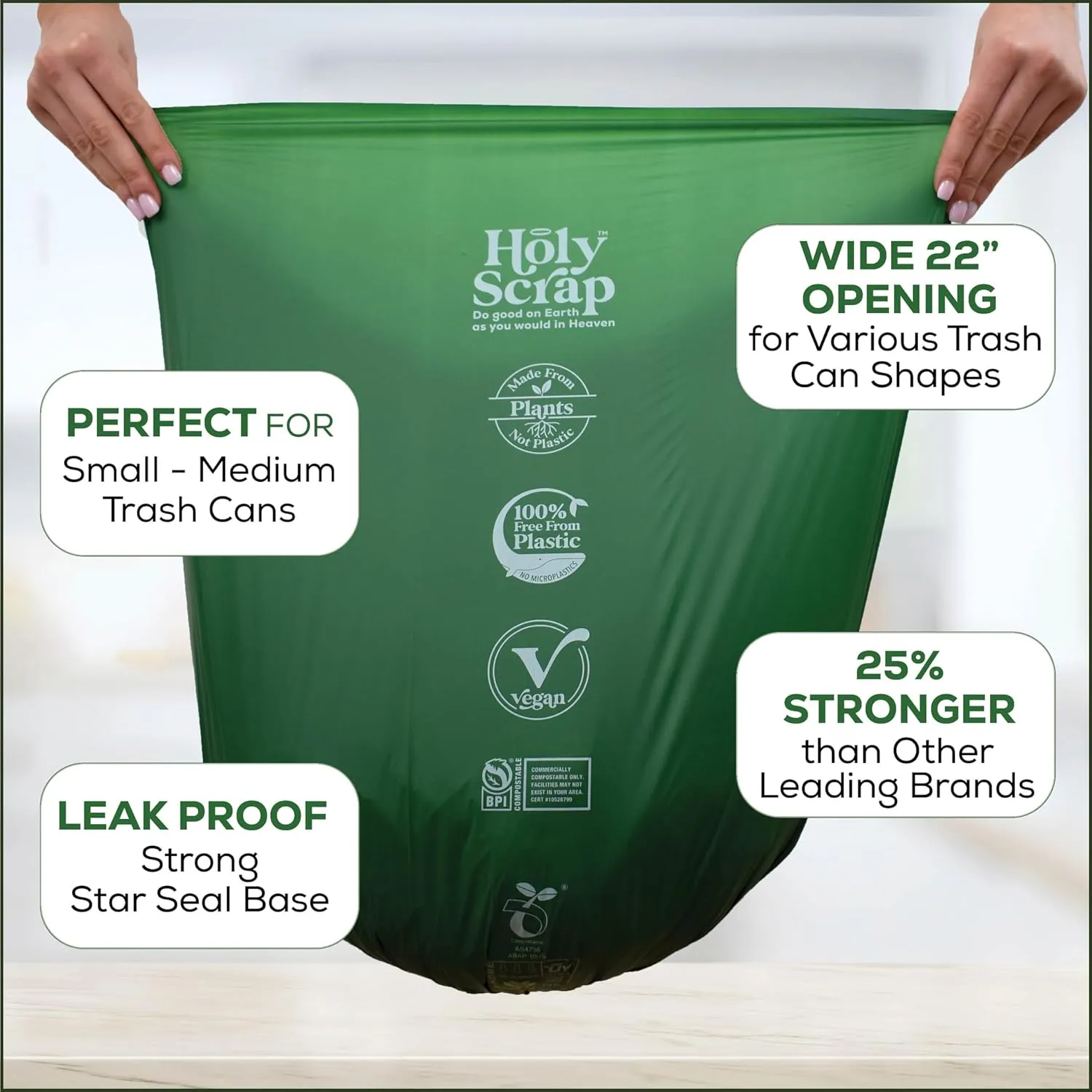 Medium Compostable Trash Bags - 6-8 Gallon, 50 Pack | Odorless, Plastic-Free & Decomposing Kitchen, Bathroom & Countertop Garbage Bags & Liners | Thick Bin Bags for Green & Food Waste