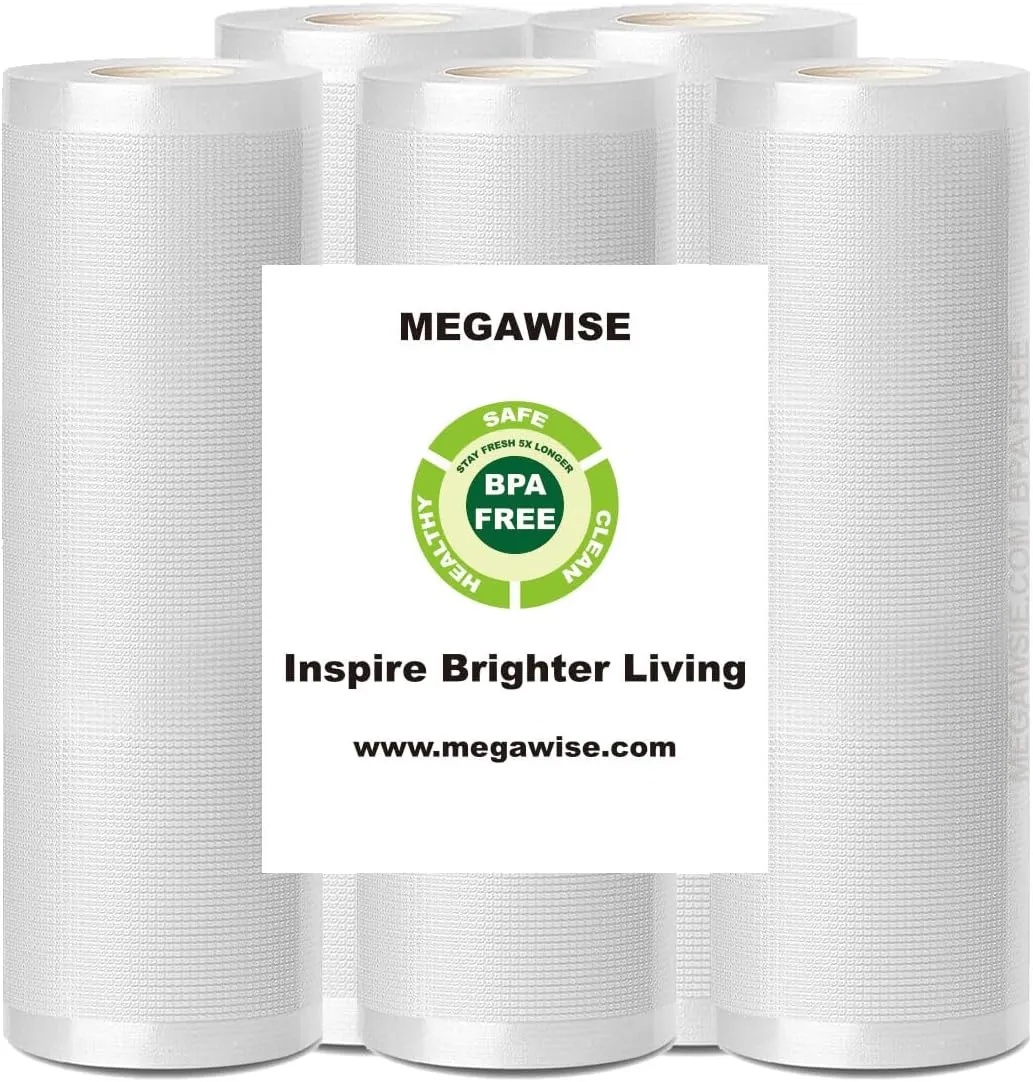 MegaWise 5 Rolls of Vacuum Sealer Machine Bags, 8 inch wide and 21.6 Feet Long for Megawise & other brand vacuum Perfect for Meal Prep and Sous Vide Cooking