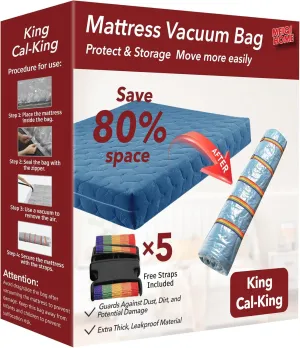MEIQIHOME King/Cal-King Mattress Vacuum Bag, PA PE Material, Heavy Duty, 94.5" x 98.4", 80% Compression, Double-Zip Seal, 5 Straps, Ideal for Moving & Storage