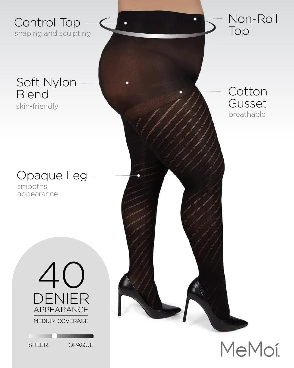 MeMoi Plus Size Curvy Spiral Tights for Women, Comfortable and Lightweight Tummy Control Top Tights - Sizes 1x-7x