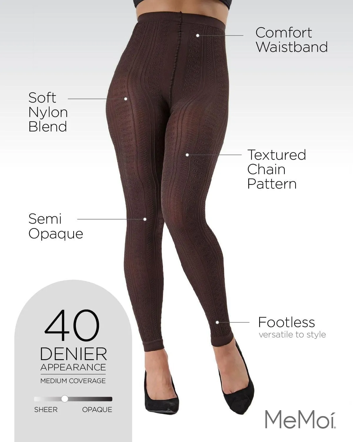 MeMoi Textured Semi-Opaque Footless Tights, Control Top Smoothing Tights for Women, 40 Denier - Sizes Small to Q2