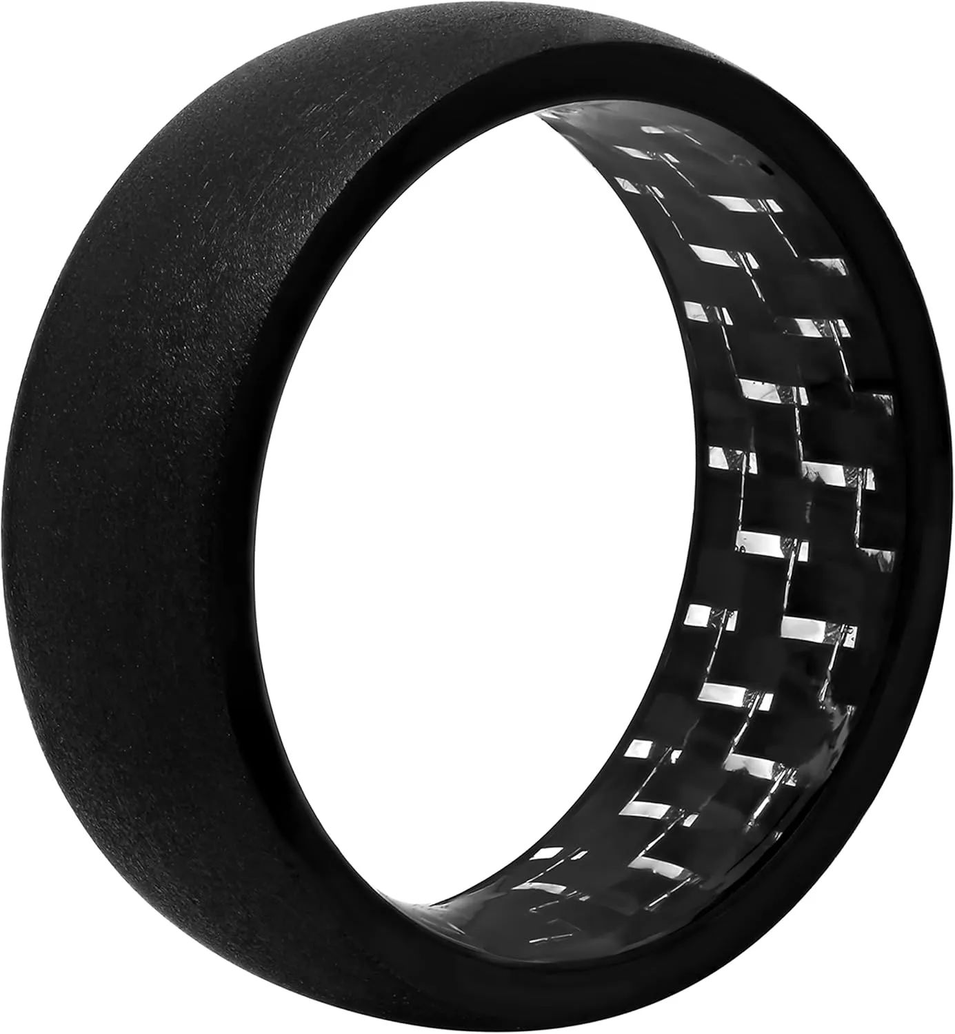 Men’s Wedding Band Tantalum Carbide 8mm Black Satin Finish with Carbon Fiber Patterned Inlay Interior Ring