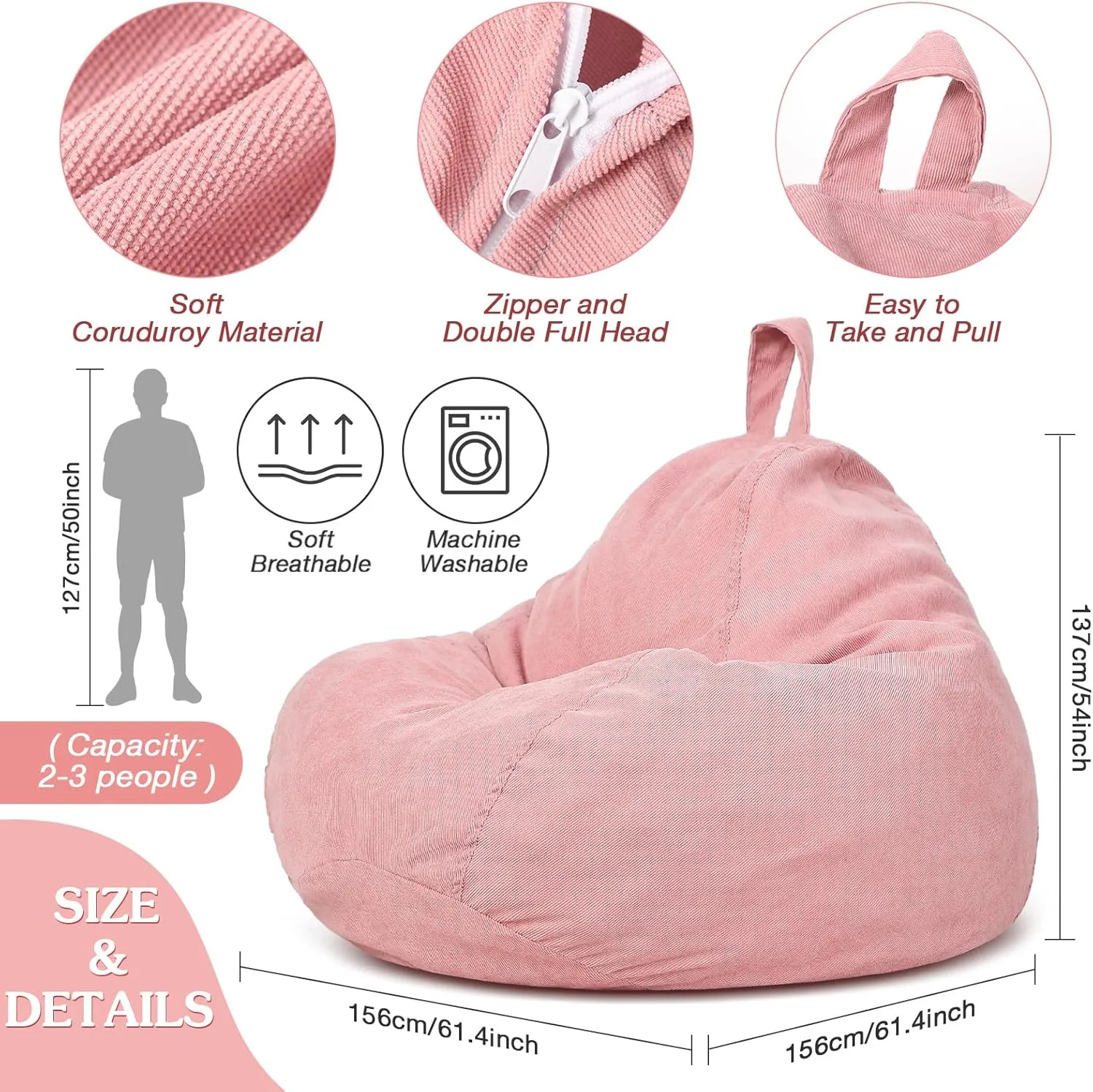 Meonum 61.4 x 54 Inch Giant Bean Bag Chair Cover (No Filler) for Kids Stuffed Storage Bean Bag Chair Cover with Inner Liners Christmas Gift for Easy Cleaning Bean Bag for Organizing(Light Pink)