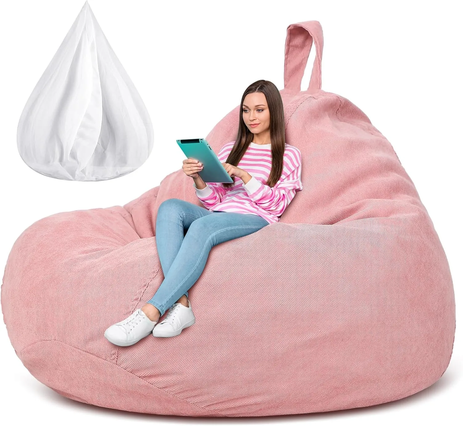 Meonum 61.4 x 54 Inch Giant Bean Bag Chair Cover (No Filler) for Kids Stuffed Storage Bean Bag Chair Cover with Inner Liners Christmas Gift for Easy Cleaning Bean Bag for Organizing(Light Pink)