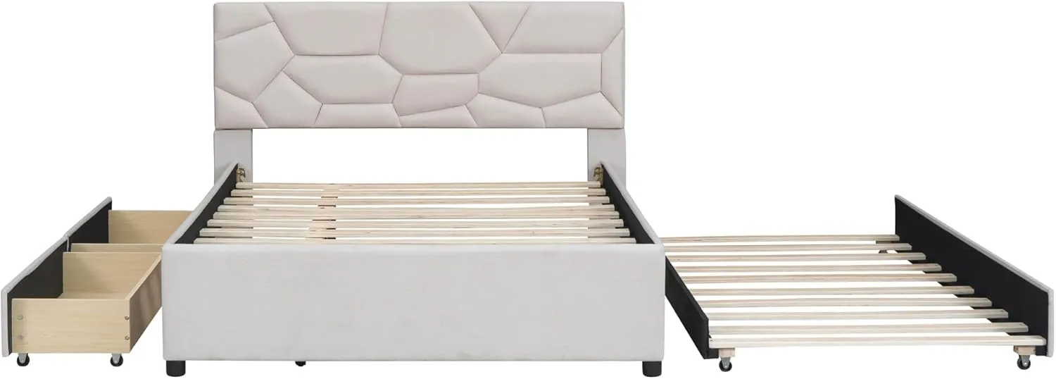 Merax Full Size Upholstered Platform Bed Frame with Twin Size Trundle,2 Drawers,Brick Pattern Headboard and Wooden Slats Support,Linen Fabric,Beige