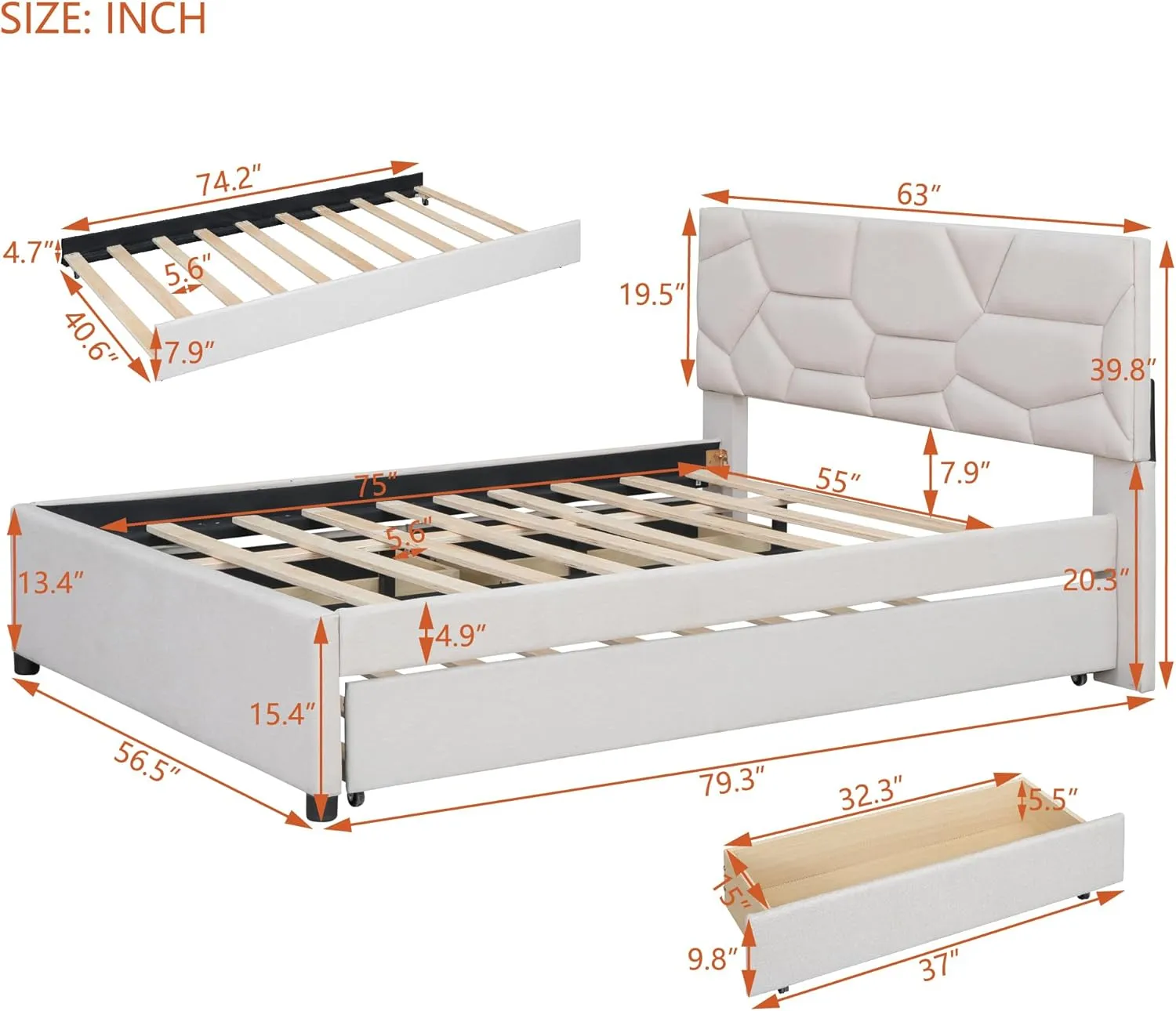 Merax Full Size Upholstered Platform Bed Frame with Twin Size Trundle,2 Drawers,Brick Pattern Headboard and Wooden Slats Support,Linen Fabric,Beige