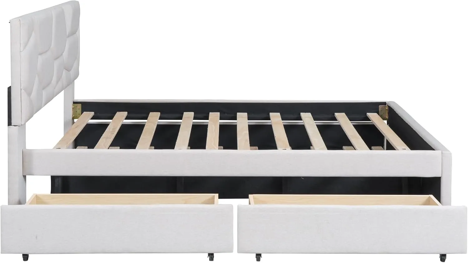 Merax Full Size Upholstered Platform Bed Frame with Twin Size Trundle,2 Drawers,Brick Pattern Headboard and Wooden Slats Support,Linen Fabric,Beige