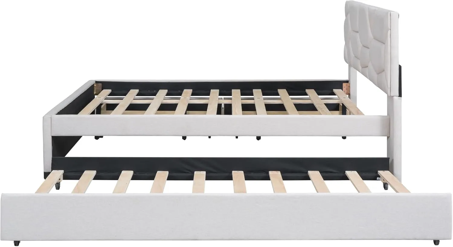 Merax Full Size Upholstered Platform Bed Frame with Twin Size Trundle,2 Drawers,Brick Pattern Headboard and Wooden Slats Support,Linen Fabric,Beige