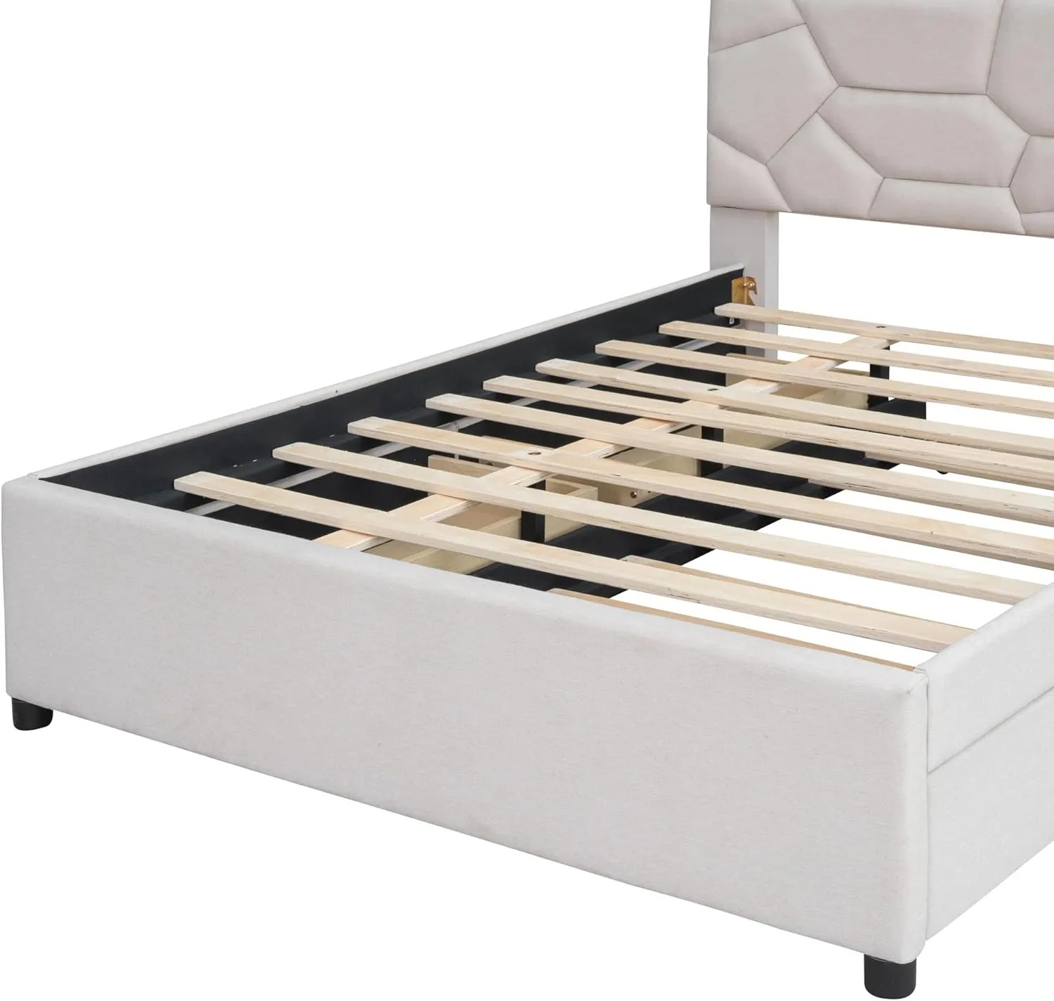 Merax Full Size Upholstered Platform Bed Frame with Twin Size Trundle,2 Drawers,Brick Pattern Headboard and Wooden Slats Support,Linen Fabric,Beige
