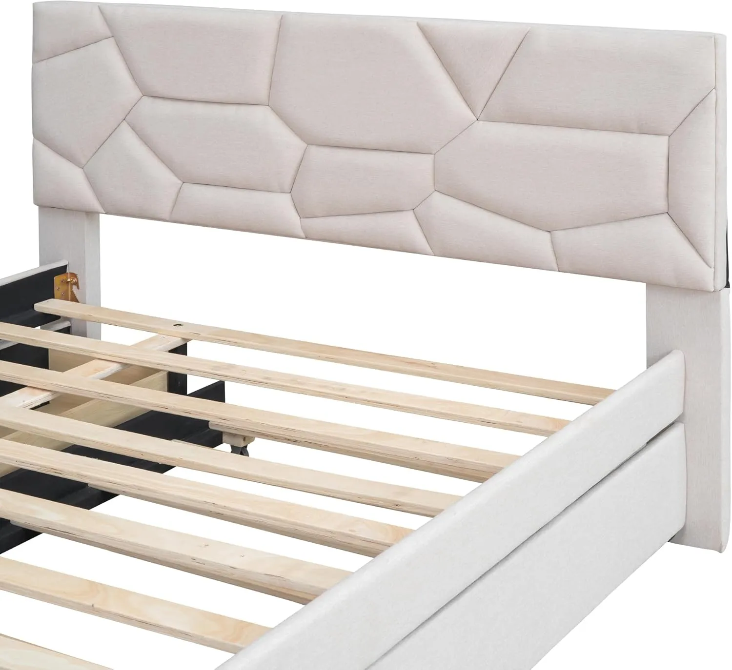 Merax Full Size Upholstered Platform Bed Frame with Twin Size Trundle,2 Drawers,Brick Pattern Headboard and Wooden Slats Support,Linen Fabric,Beige