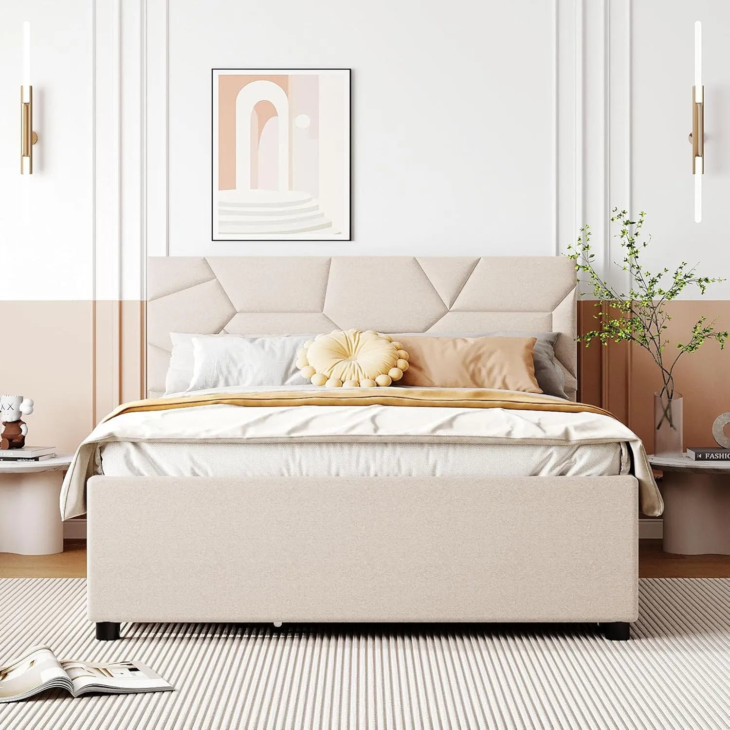 Merax Full Size Upholstered Platform Bed Frame with Twin Size Trundle,2 Drawers,Brick Pattern Headboard and Wooden Slats Support,Linen Fabric,Beige
