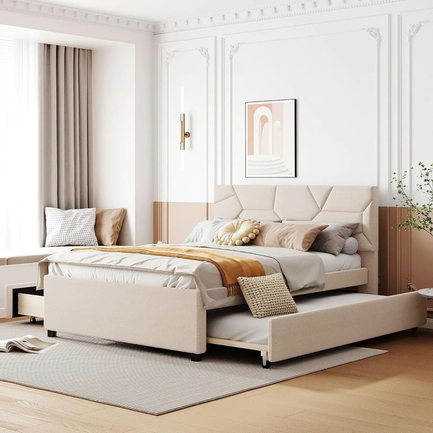 Merax Full Size Upholstered Platform Bed Frame with Twin Size Trundle,2 Drawers,Brick Pattern Headboard and Wooden Slats Support,Linen Fabric,Beige