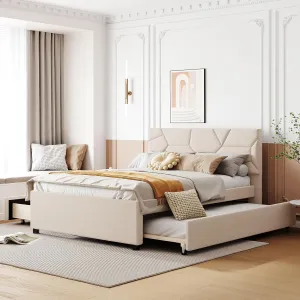 Merax Full Size Upholstered Platform Bed Frame with Twin Size Trundle,2 Drawers,Brick Pattern Headboard and Wooden Slats Support,Linen Fabric,Beige