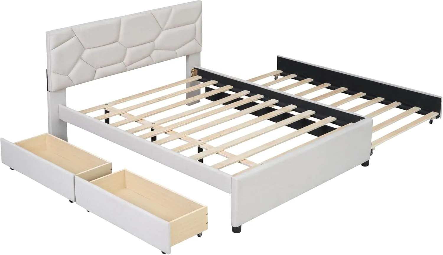 Merax Full Size Upholstered Platform Bed Frame with Twin Size Trundle,2 Drawers,Brick Pattern Headboard and Wooden Slats Support,Linen Fabric,Beige