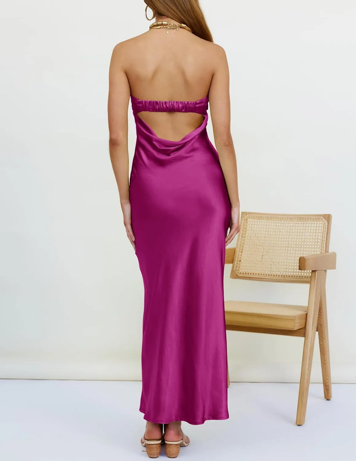 MEROKEETY Women 2025 Summer Strapless Satin Tube Bodycon Backless Wedding Guest Maxi Dress