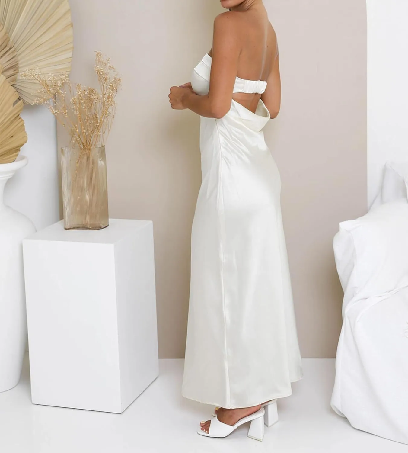MEROKEETY Women 2025 Summer Strapless Satin Tube Bodycon Backless Wedding Guest Maxi Dress