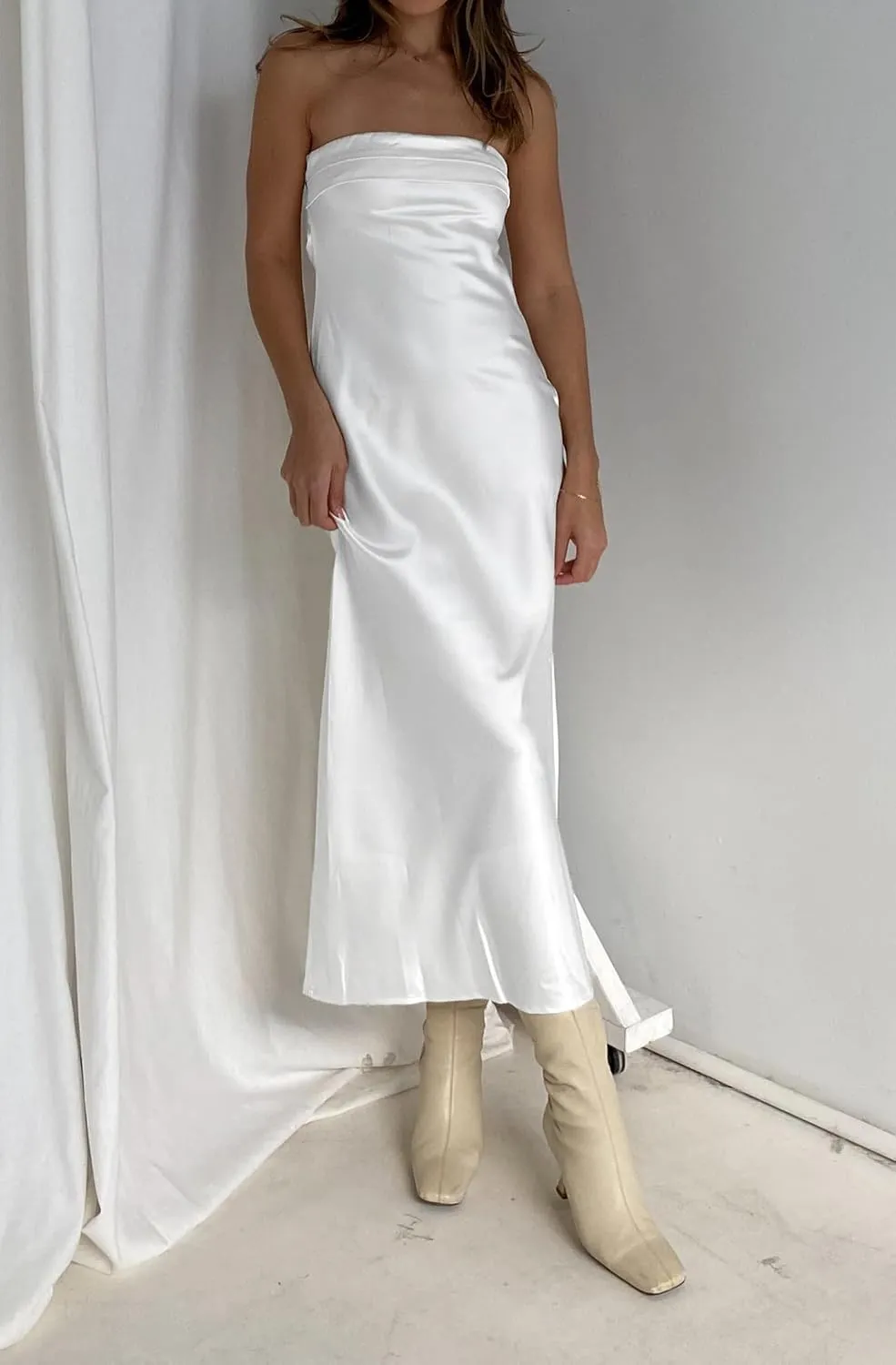 MEROKEETY Women 2025 Summer Strapless Satin Tube Bodycon Backless Wedding Guest Maxi Dress