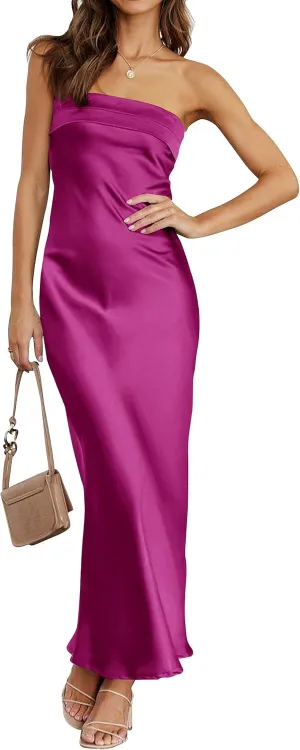 MEROKEETY Women 2025 Summer Strapless Satin Tube Bodycon Backless Wedding Guest Maxi Dress