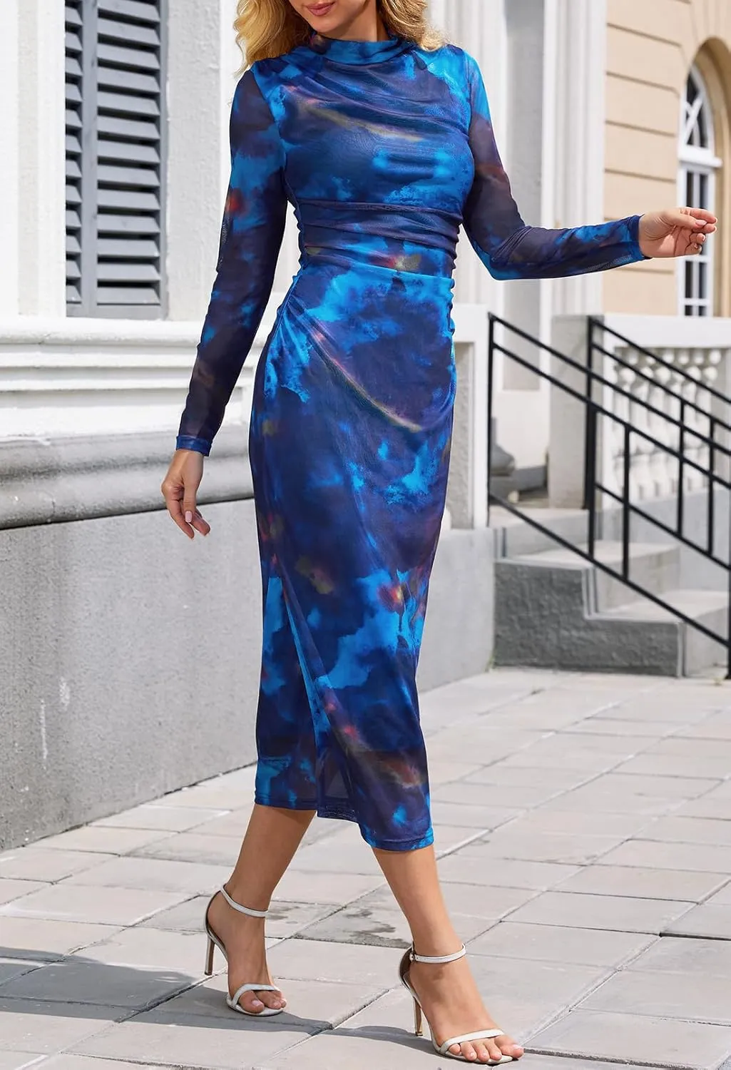 MEROKEETY Women's 2024 Long Sleeve Tie Dye Dress Bodycon Mock Neck Mesh Ruched Cocktail Maxi Dresses