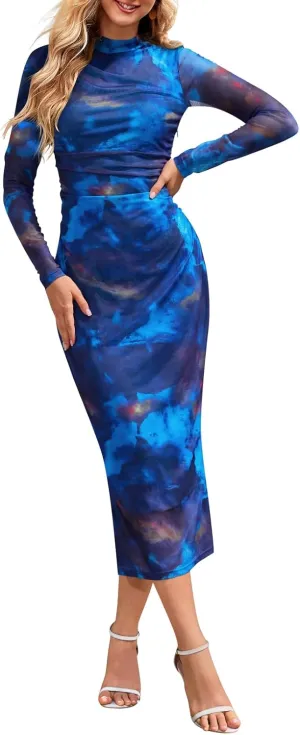 MEROKEETY Women's 2024 Long Sleeve Tie Dye Dress Bodycon Mock Neck Mesh Ruched Cocktail Maxi Dresses