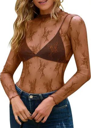 MEROKEETY Womens 2025 Mesh Sheer Long Sleeve Layering Top Sexy Y2k Mock Neck Floral Lace See Through Shirt Blouses