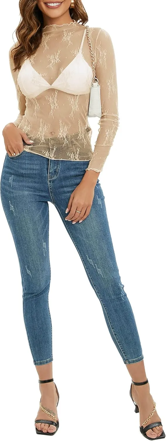 MEROKEETY Womens 2025 Mesh Sheer Long Sleeve Layering Top Sexy Y2k Mock Neck Floral Lace See Through Shirt Blouses