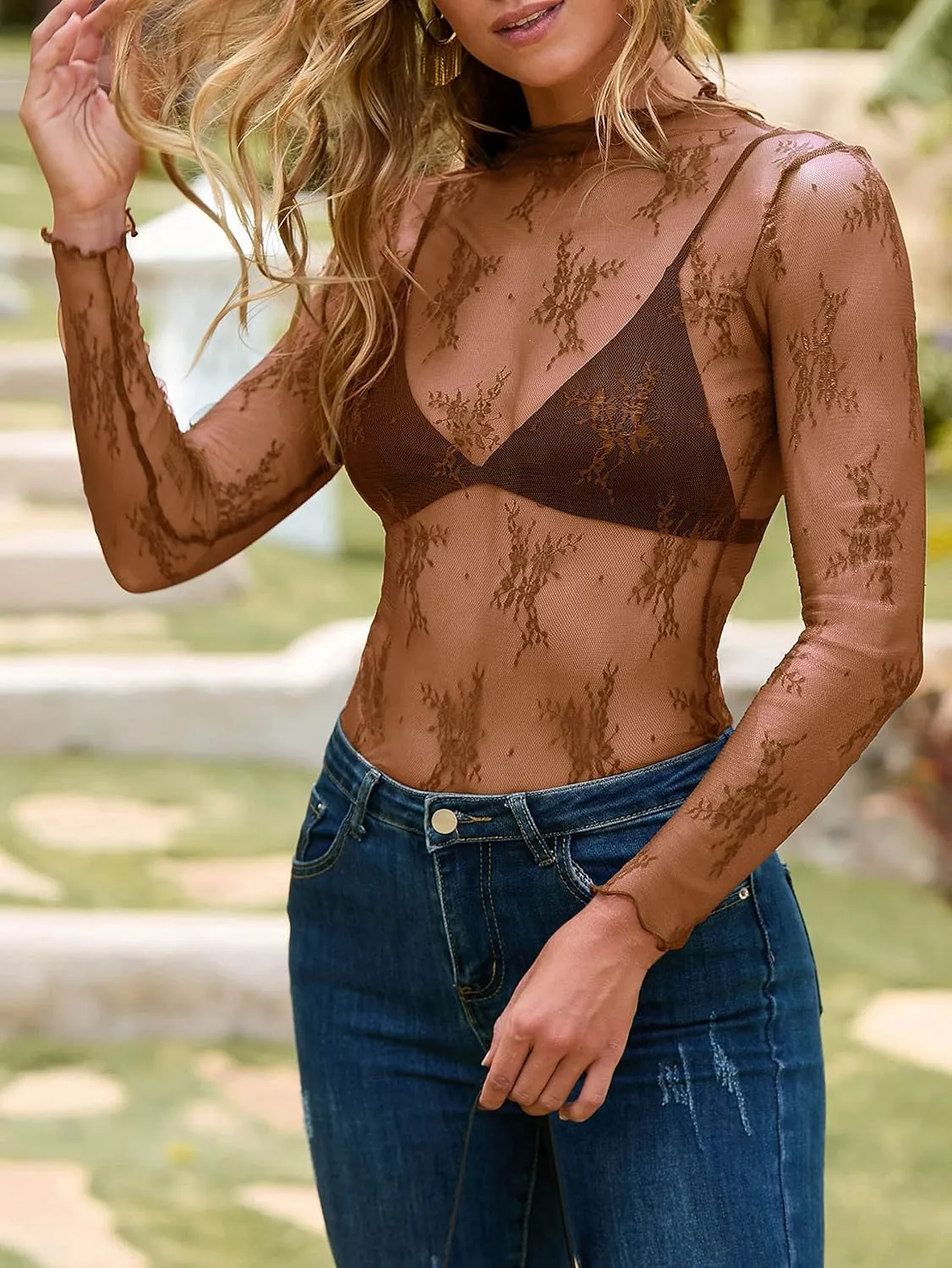 MEROKEETY Womens 2025 Mesh Sheer Long Sleeve Layering Top Sexy Y2k Mock Neck Floral Lace See Through Shirt Blouses