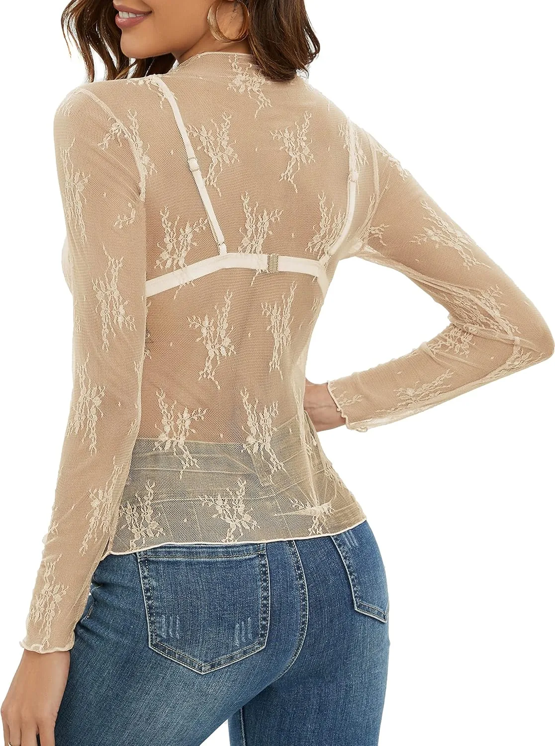MEROKEETY Womens 2025 Mesh Sheer Long Sleeve Layering Top Sexy Y2k Mock Neck Floral Lace See Through Shirt Blouses