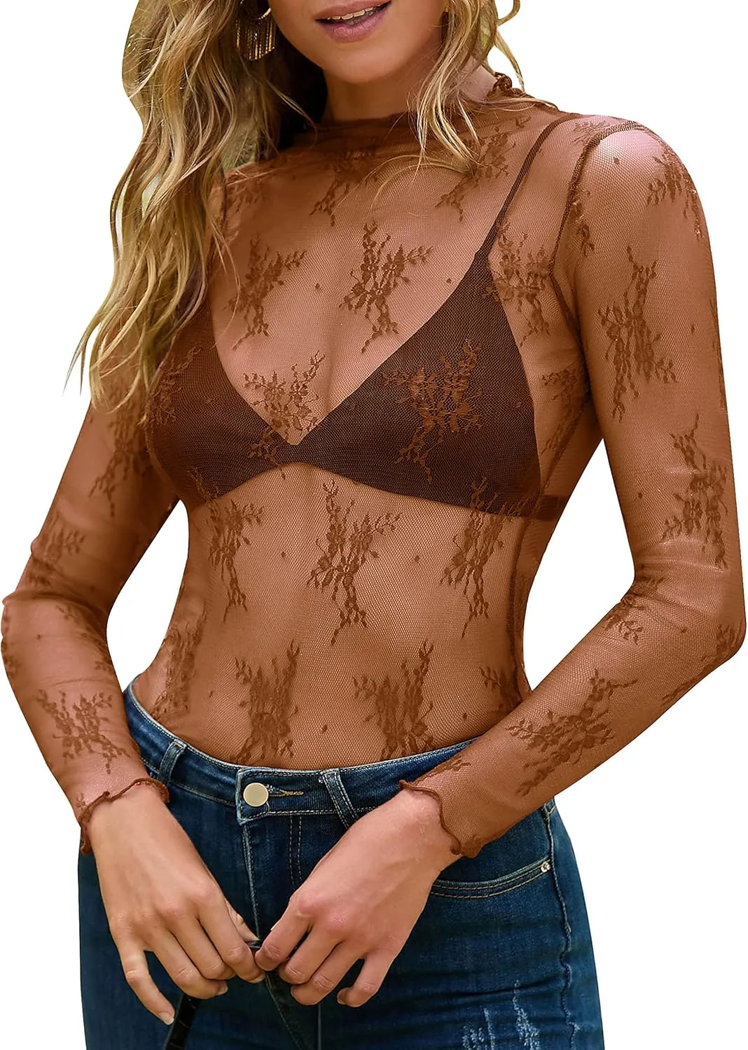 MEROKEETY Womens 2025 Mesh Sheer Long Sleeve Layering Top Sexy Y2k Mock Neck Floral Lace See Through Shirt Blouses