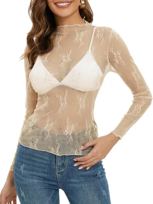 MEROKEETY Womens 2025 Mesh Sheer Long Sleeve Layering Top Sexy Y2k Mock Neck Floral Lace See Through Shirt Blouses