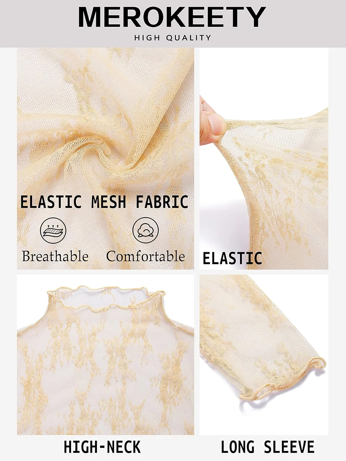MEROKEETY Womens 2025 Mesh Sheer Long Sleeve Layering Top Sexy Y2k Mock Neck Floral Lace See Through Shirt Blouses