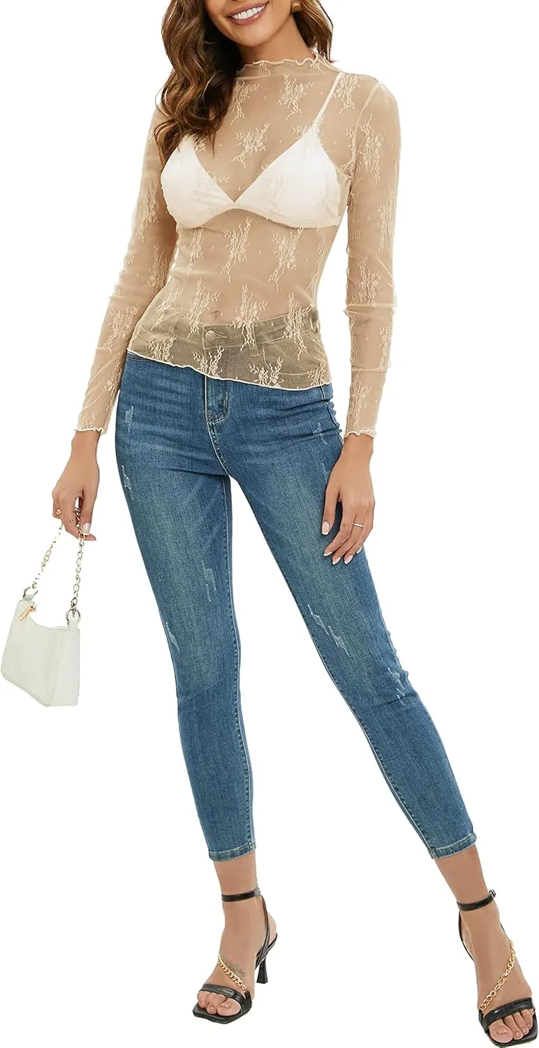 MEROKEETY Womens 2025 Mesh Sheer Long Sleeve Layering Top Sexy Y2k Mock Neck Floral Lace See Through Shirt Blouses