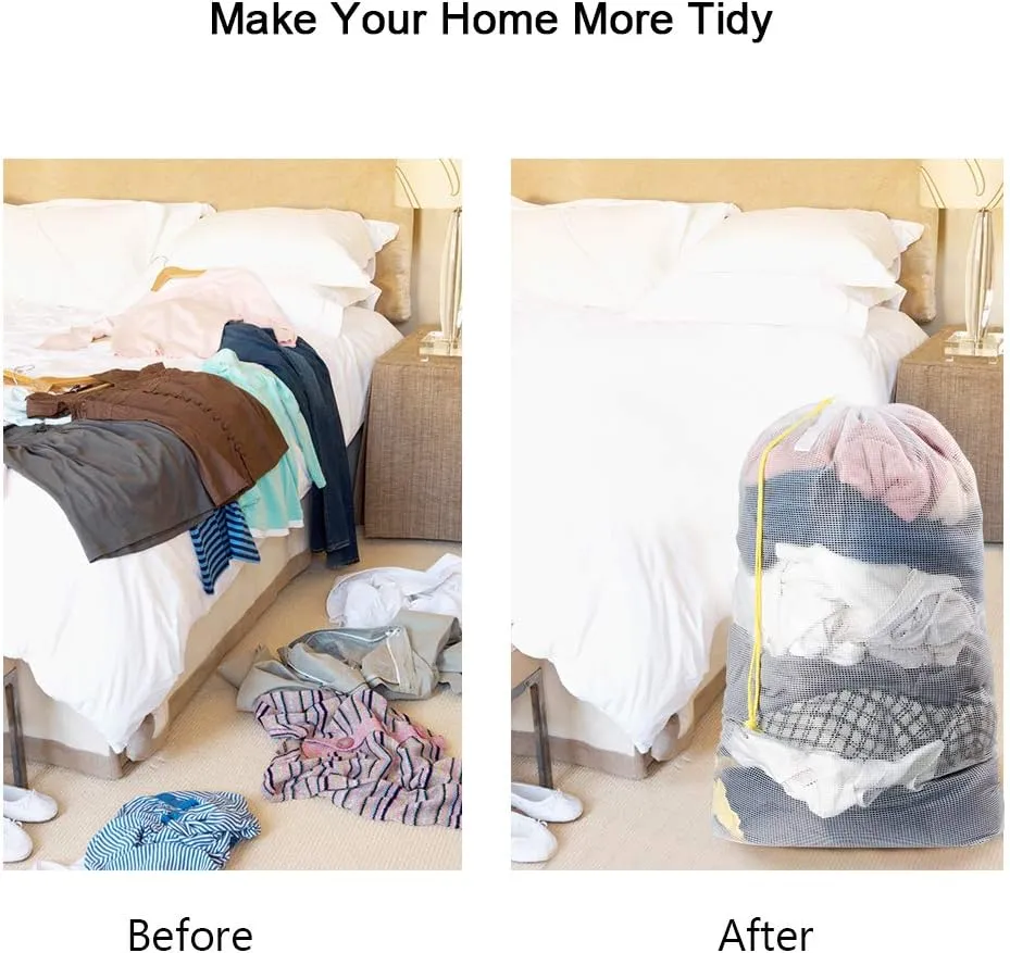 Mesh Laundry Bags with Drawstring, 24" x 36" Extra Large Laundry Bags with Staps, for Travel, College Dorm, Apartment, Family, 3 Pack, White, Machine Washable