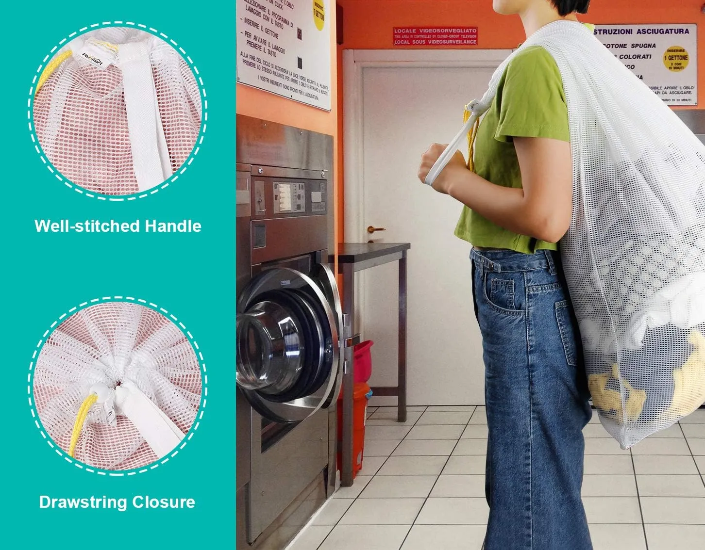 Mesh Laundry Bags with Drawstring, 24" x 36" Extra Large Laundry Bags with Staps, for Travel, College Dorm, Apartment, Family, 3 Pack, White, Machine Washable
