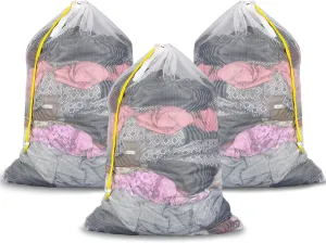 Mesh Laundry Bags with Drawstring, 24" x 36" Extra Large Laundry Bags with Staps, for Travel, College Dorm, Apartment, Family, 3 Pack, White, Machine Washable