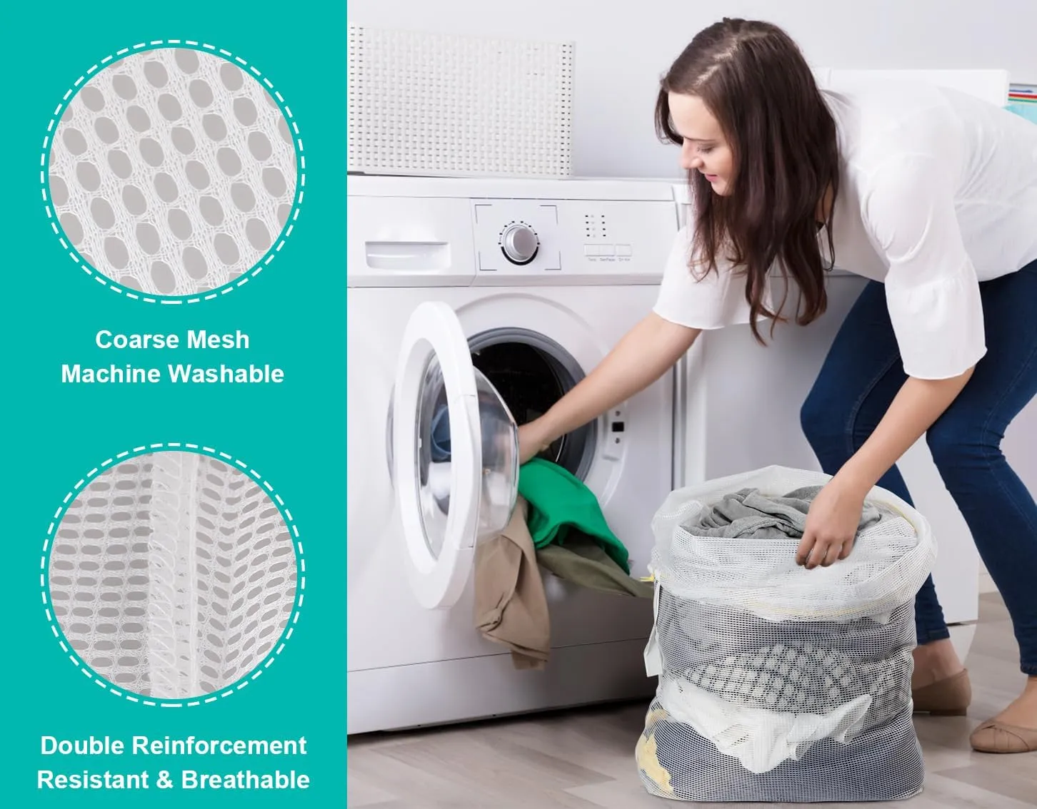 Mesh Laundry Bags with Drawstring, 24" x 36" Extra Large Laundry Bags with Staps, for Travel, College Dorm, Apartment, Family, 3 Pack, White, Machine Washable