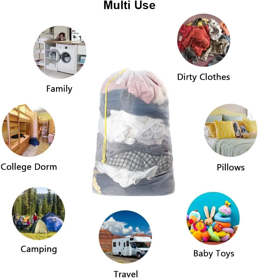 Mesh Laundry Bags with Drawstring, 24" x 36" Extra Large Laundry Bags with Staps, for Travel, College Dorm, Apartment, Family, 3 Pack, White, Machine Washable