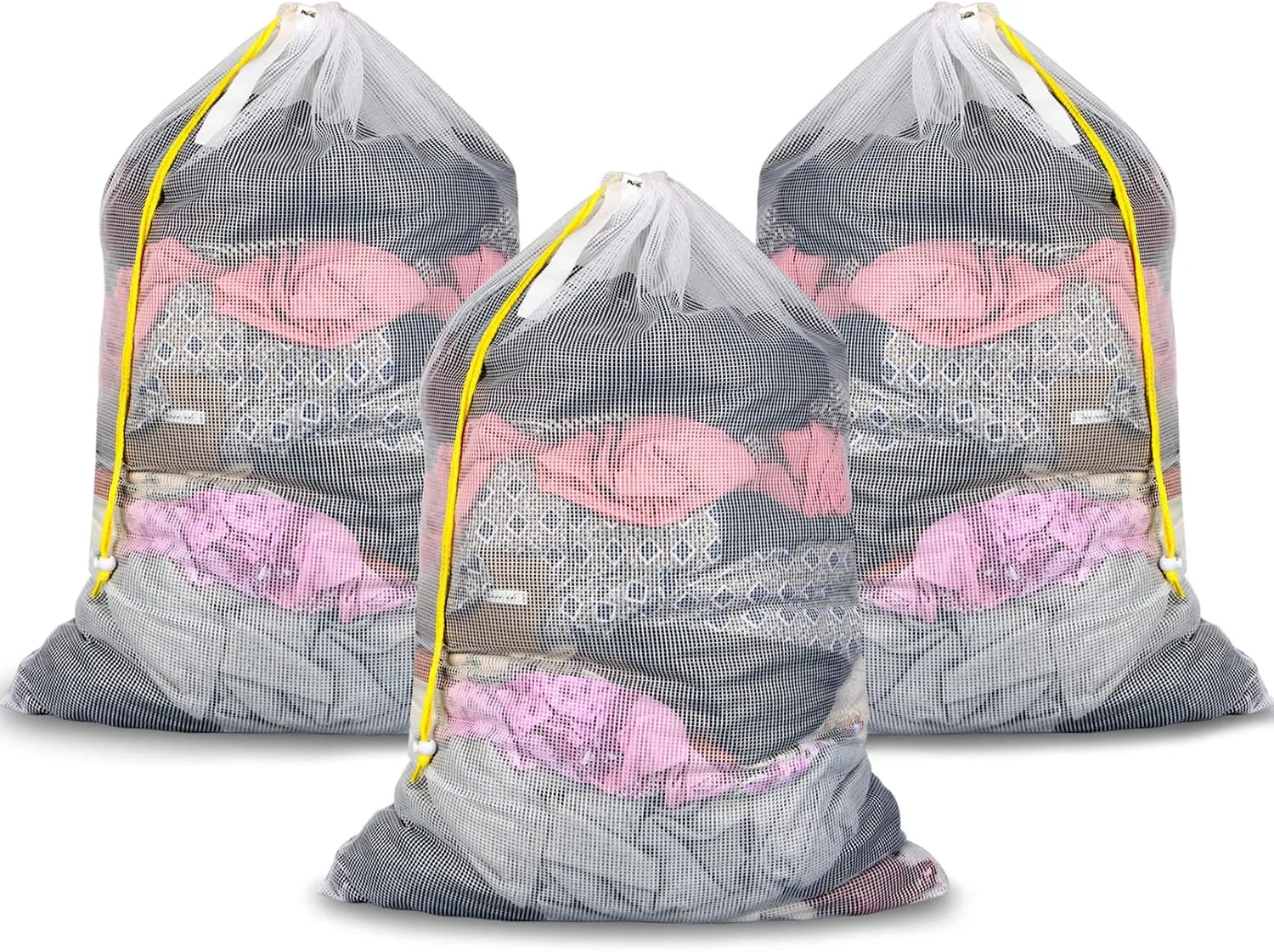 Mesh Laundry Bags with Drawstring, 24" x 36" Extra Large Laundry Bags with Staps, for Travel, College Dorm, Apartment, Family, 3 Pack, White, Machine Washable