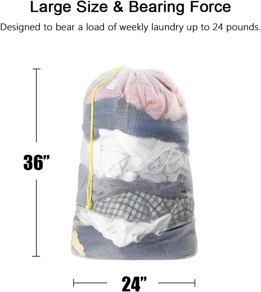 Mesh Laundry Bags with Drawstring, 24" x 36" Extra Large Laundry Bags with Staps, for Travel, College Dorm, Apartment, Family, 3 Pack, White, Machine Washable