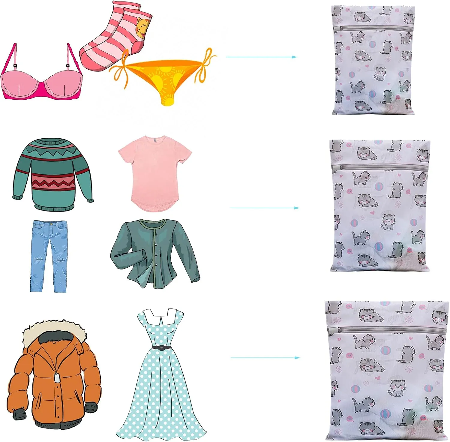 Mesh Laundry Bags,Set of 5 Delicate Laundry Bag for Washing Machine,Clothing Washing Bags with cat Prints,Garment Bags for Laundry,Lingerie Bag,Travel Storage Organize Bag (CAT)