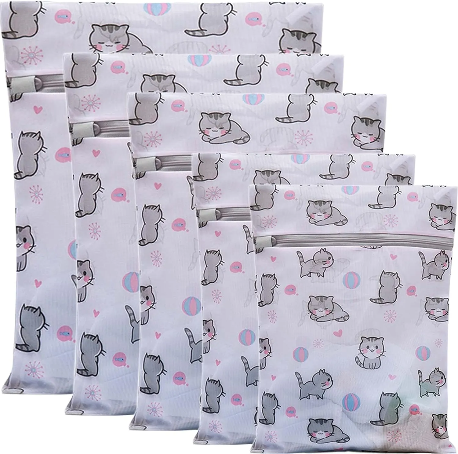 Mesh Laundry Bags,Set of 5 Delicate Laundry Bag for Washing Machine,Clothing Washing Bags with cat Prints,Garment Bags for Laundry,Lingerie Bag,Travel Storage Organize Bag (CAT)