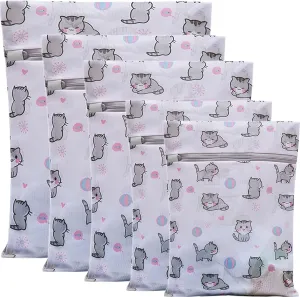 Mesh Laundry Bags,Set of 5 Delicate Laundry Bag for Washing Machine,Clothing Washing Bags with cat Prints,Garment Bags for Laundry,Lingerie Bag,Travel Storage Organize Bag (CAT)