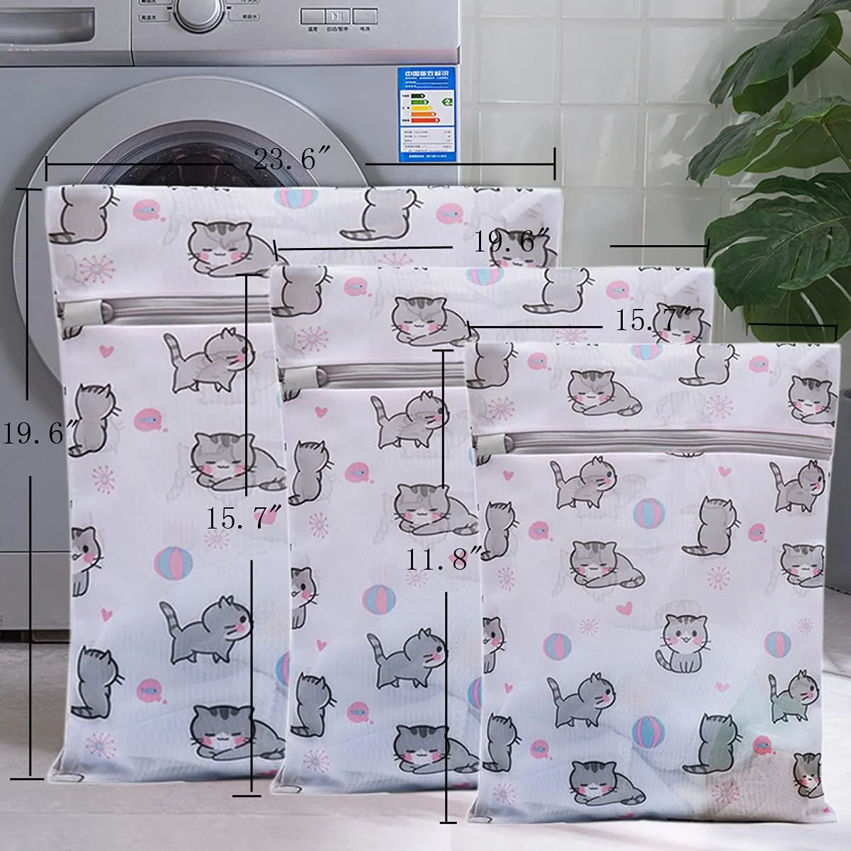 Mesh Laundry Bags,Set of 5 Delicate Laundry Bag for Washing Machine,Clothing Washing Bags with cat Prints,Garment Bags for Laundry,Lingerie Bag,Travel Storage Organize Bag (CAT)