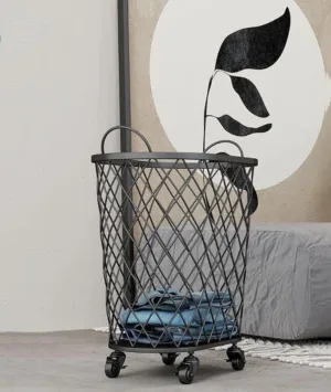 Metal Rolling Laundry Hamper with Wheels - Round Mesh Iron Scandinavian Bathroom Dirty Clothes Basket Toy Storage Frame - 360 Laundry Hamper