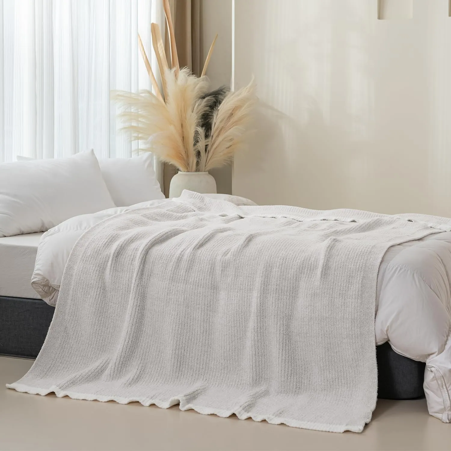 MH MYLUNE HOME Ultra Soft Ribbed Throw Blanket for Couch 50x60 Inches Luxurious Super Cozy Fluffy Microfiber Blanket Plush Warm Reversible Throw Blankets for Sofa Bed - Beige 50 x 60 Inches