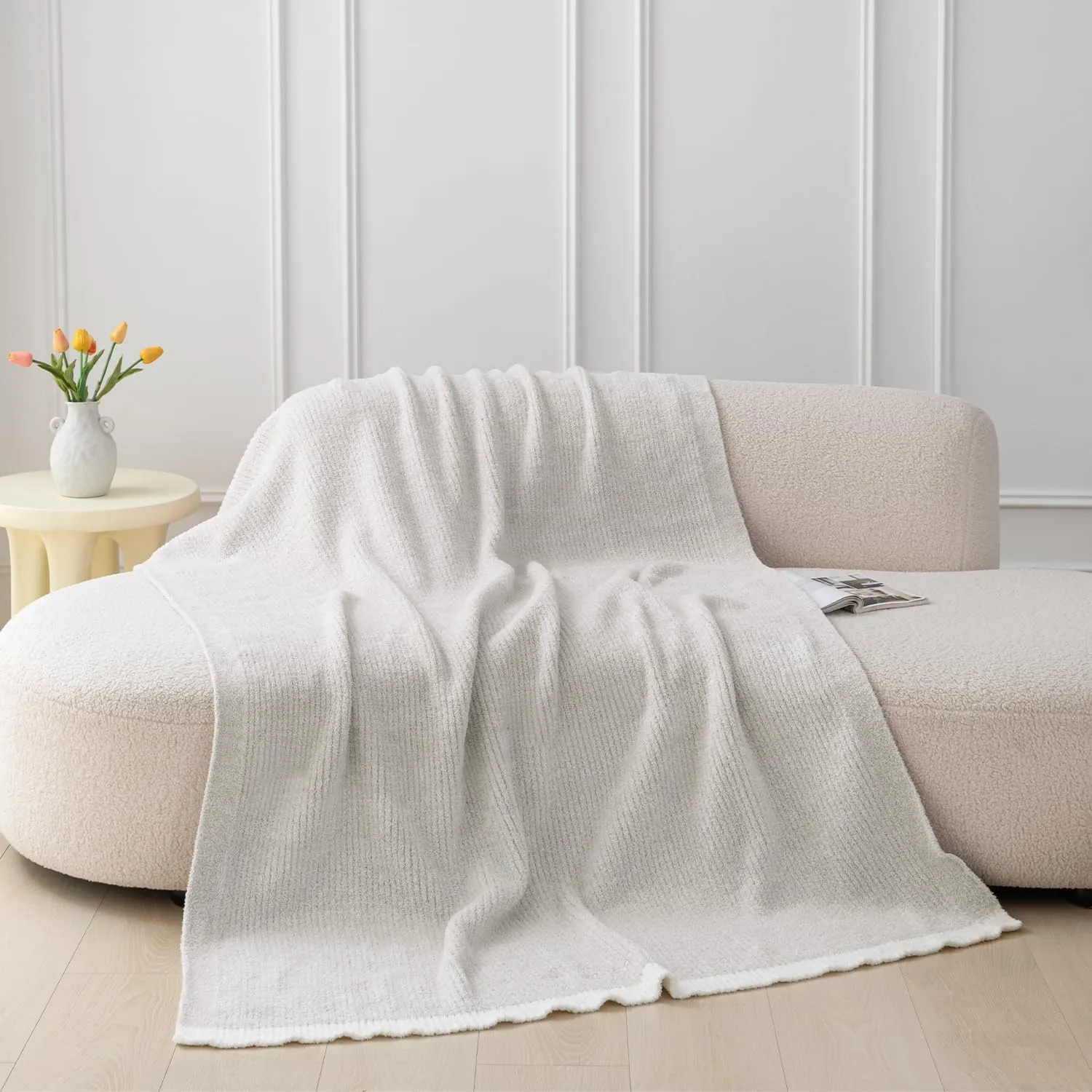 MH MYLUNE HOME Ultra Soft Ribbed Throw Blanket for Couch 50x60 Inches Luxurious Super Cozy Fluffy Microfiber Blanket Plush Warm Reversible Throw Blankets for Sofa Bed - Beige 50 x 60 Inches