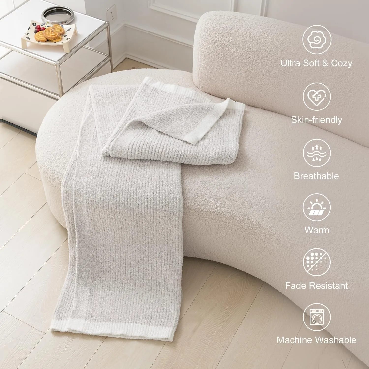 MH MYLUNE HOME Ultra Soft Ribbed Throw Blanket for Couch 50x60 Inches Luxurious Super Cozy Fluffy Microfiber Blanket Plush Warm Reversible Throw Blankets for Sofa Bed - Beige 50 x 60 Inches